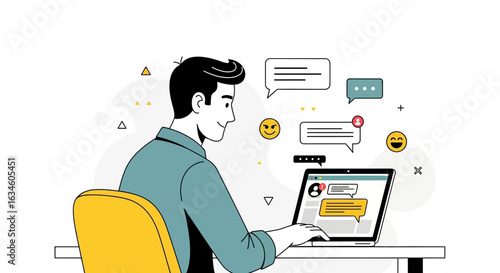 Illustration of a man chatting online using a laptop with speech bubbles and emojis online