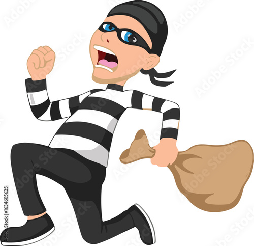 Cartoon thief running with sack, burglar character illustration, striped shirt criminal, sneaky movement vector, animated crime clipart, funny outlaw