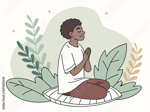 Young person meditating outdoors on cushion, hands in prayer position, surrounded by plants. Vector illustration of mindfulness, peace, and spiritual wellness.