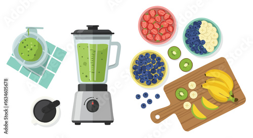 Vector Illustration of Fruit Preparation with Blender and Fresh Fruit Bowls in Modern Style