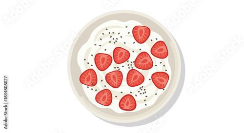 Minimalist Vector Food Illustration of Yogurt Bowl with Strawberries and Seeds in Modern Style
