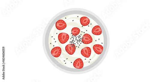 Vector Illustration of Yogurt Bowl with Strawberries in Modern Minimalist Style