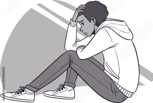 Vector illustration of a sad young person sitting on the floor with head in hand, depicting depression, stress, anxiety, and emotional struggle in monochrome style.