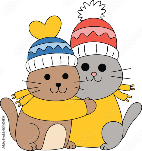 ute winter cats illustration, cartoon kittens in scarves, festive feline vector, cozy holiday animals, happy cat friends clipart
