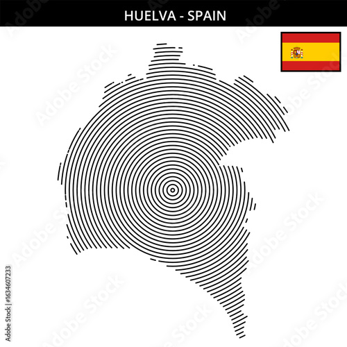 Huelva map with concentric line design and Spain flag