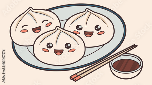 Three cute dumplings with smiling faces on a plate with chopsticks and sauce