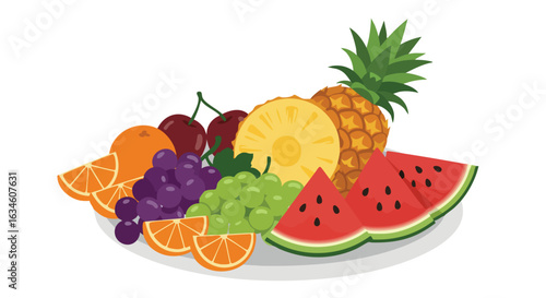 Vector Illustration of Assorted Fruit in Modern Bright Style Featuring Pineapple Watermelon Grapes and Citrus
