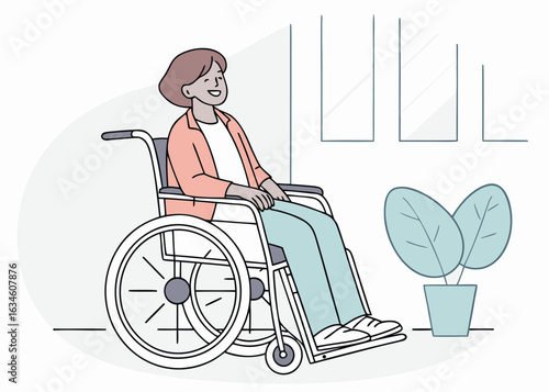 Smiling woman in wheelchair indoors,, vector illustration for healthcare, disability, rehabilitation, and accessibility concepts.