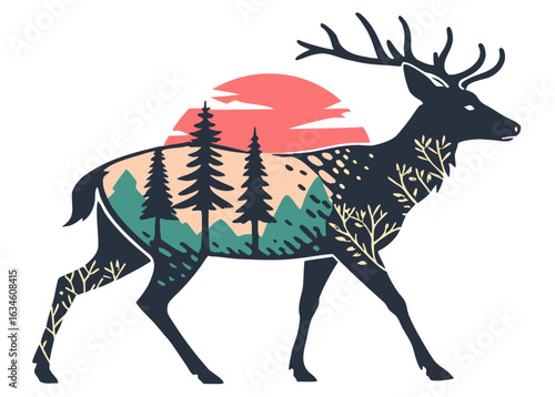 Deer silhouette with vibrant forest and sunset scene