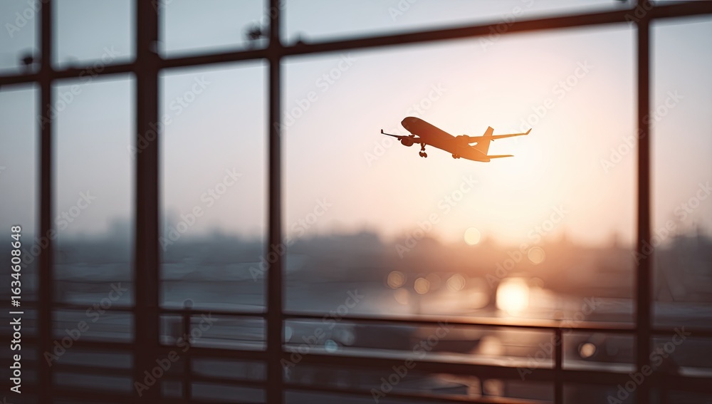 © Opaa - Airplane taking off seen through airport window at sunrise