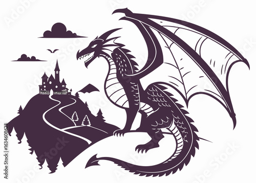 Dragon guarding a castle on a hill fantasy mythical creature