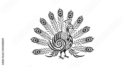 Vector Illustration of a Peacock with Ornamental Feathers in Modern Decorative Style in Black and White