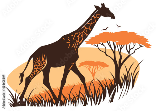 Giraffe walking in savanna with acacia trees and soft sun Keywords: giraffe, animal, savanna