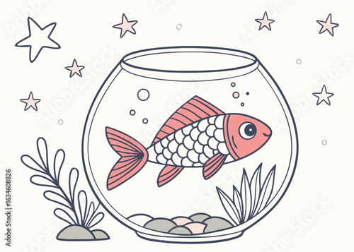 Goldfish in a round fishbowl with plants and pebbles