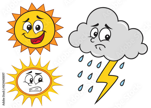 Happy sun confused sun crying cloud and lightning Keywords: weather, emotions, expressions, sun