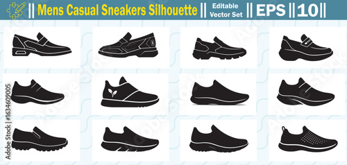 Men’s Casual Sneakers Silhouette Vector Set Featuring Sporty Modern Footwear Collection