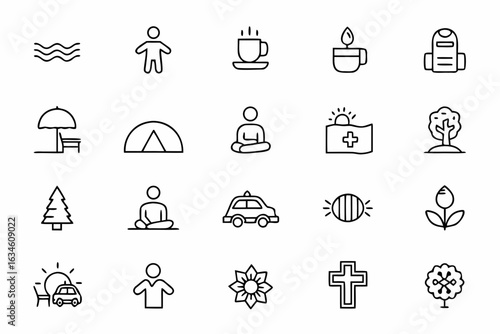 A slow-living inspired vector set in one-line style, reflecting intentional moments and peaceful pauses. Ideal for conscious lifestyle designs and wellness packaging.