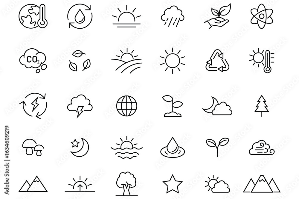 Fototapeta premium Vector nature thin line icon set. Containing river, mountain, weather, wildlife, bird, plant, tree, flower, butterfly, fish, sun, moon, recycling and more. Set of eco related line icons, Vector. 