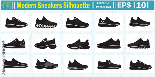 Modern Sneakers Silhouette Vector Set Featuring Trendy Urban Sporty Footwear Collection