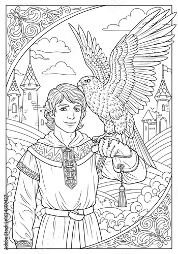 A medieval young man with a hawk on his arm. coloring book