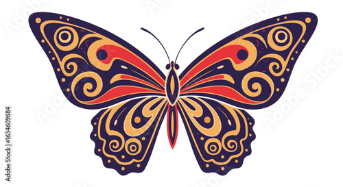 Decorative Vector Butterfly Illustration in Ornamental Style with Intricate Swirls and Red Gold Colors