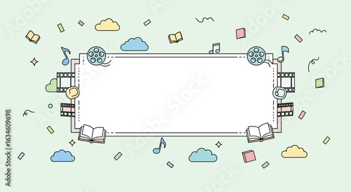 Pastel frame with books music and film, perfect for multimedia content backgrounds and educational