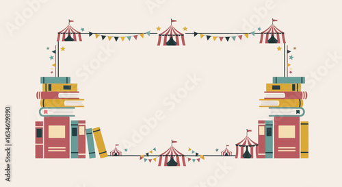 Playful book frame illustration with circus tents and banner flags for children
