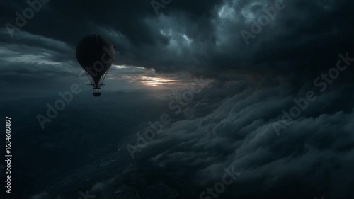 Soaring High. An aerial view showcases a solitary hot air balloon ascending into a dramatic sky dominated by turbulent, dark clouds, offering a perspective of adventure and freedom. Background.