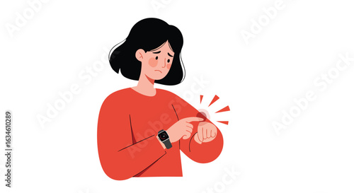 Minimalist Vector Illustration of Woman Checking Time with Smartwatch in Modern Style Featuring Red Outfit and Black Hair