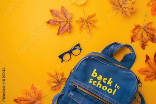 A blue backpack with back to school is surrounded by leaves