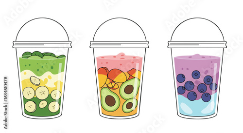 Vector Illustration of Fruit Bubble Tea Drinks in Modern Minimalist Style with Bright Color Palette