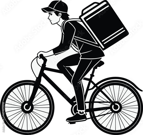 Silhouette vector illustration of a bicycle courier riding with a delivery backpack, symbolizing fast service, urban transport, logistics, and eco-friendly shipping.