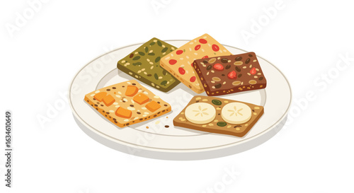 Vector Illustration of Assorted Nut and Fruit Snack Bars in Organic Style with Natural Colors
