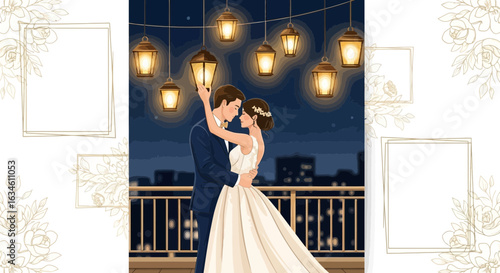 Romantic Wedding Moment Under Lanterns: An Elegant Couple's First Dance, illustration