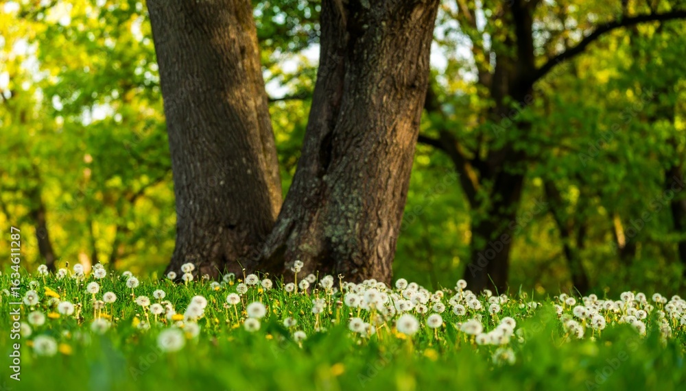 Fototapeta premium A serene scene featuring dandelions blooming in a grassy field, with trees creating a peaceful backdrop in a lush green environment.
