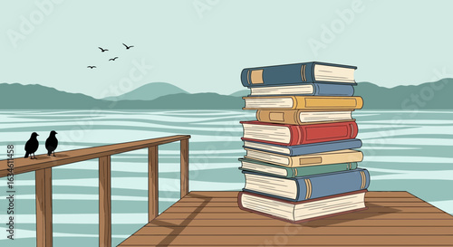 Stacked books on a dock with birds enjoying the serene lakeside vista backdrop