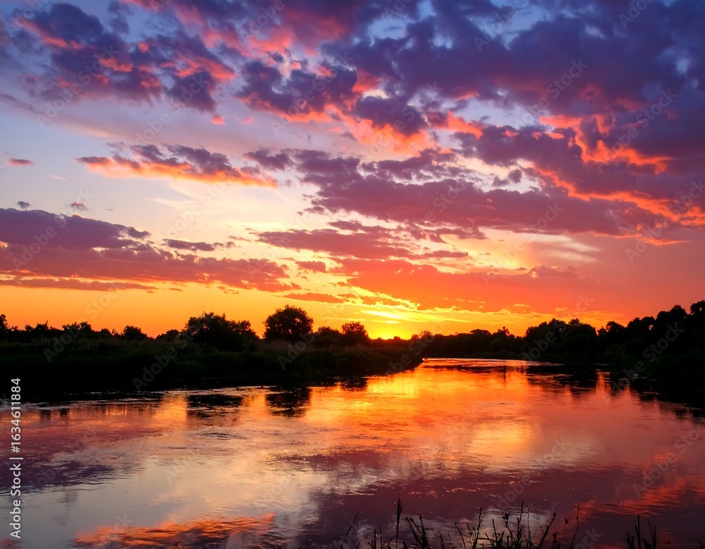 Obraz premium Dramatic sunset over a river