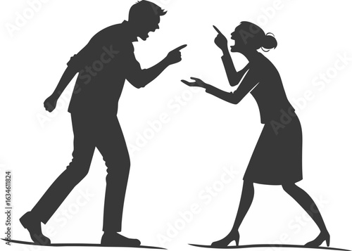 Vector silhouette of a man and woman arguing. Black clip art icon representing conflict, disagreement, or relationship tension, isolated on a transparent background.