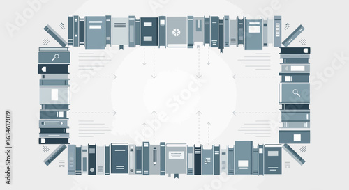 Stylized Frame Border Made of Books with Arrows Indicating Connection to Knowledge and Learning