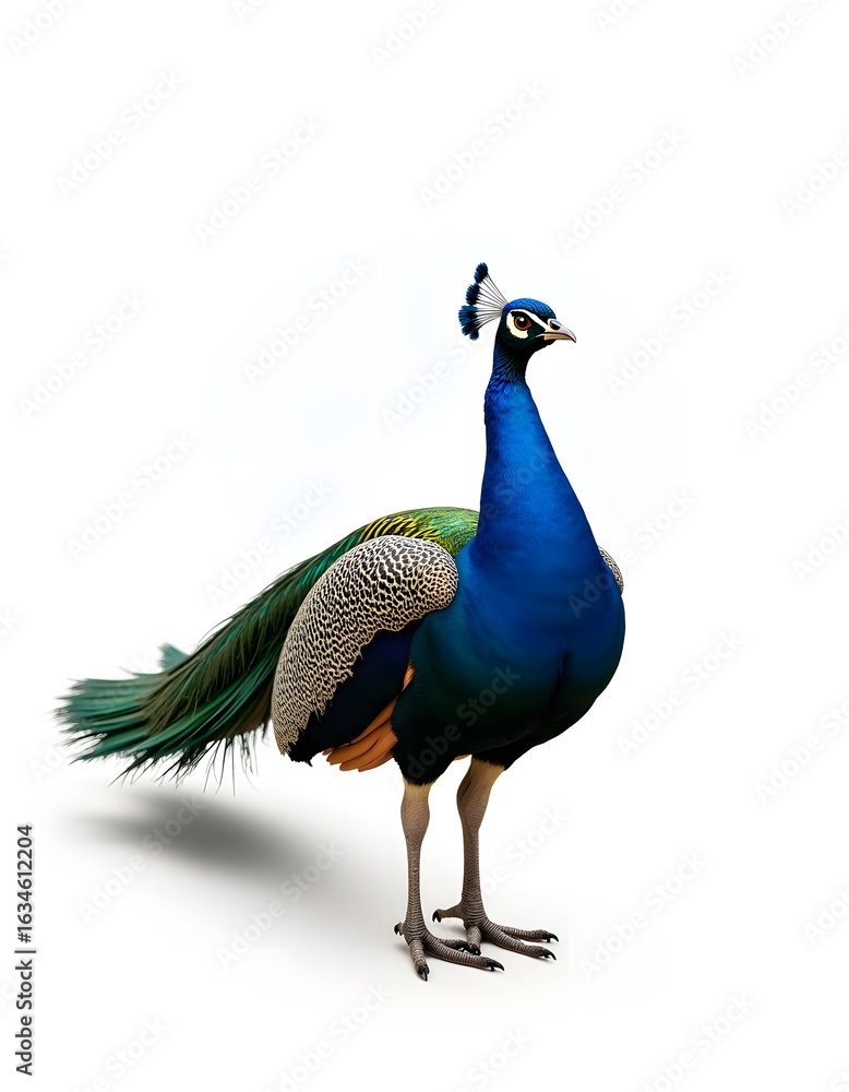 Fototapeta premium Elegant peacock standing against white background