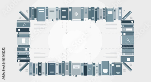 Stylized frame of books stacked and lined up representing knowledge and learning resources