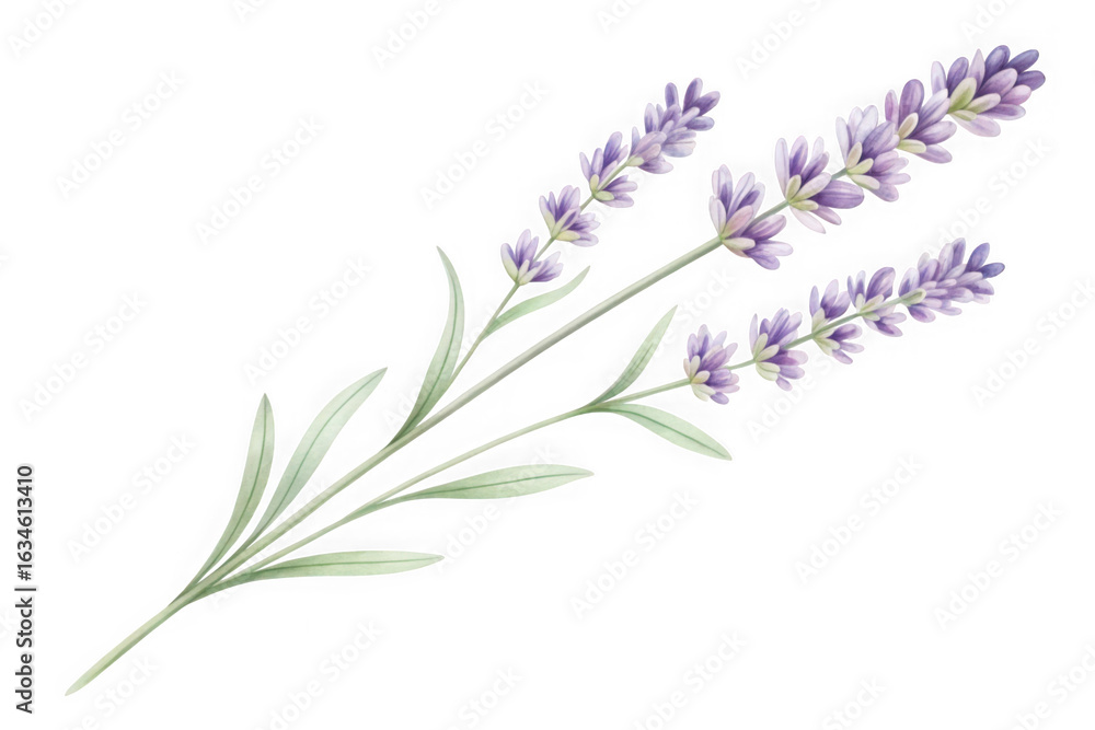 Obraz premium Watercolor lavender sprigs illustration, purple floral botanical element, hand painted lavender flowers on transparent background, aromatic herb clipart