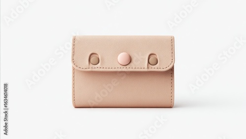 Compact blush-pink leather wallet with a flap closure, secured by three small pastel buttons; minimalist design