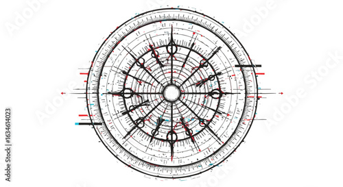 Technical Vector Illustration of a Circular Navigational Compass with Geometric Markings in Modern Monochrome Style