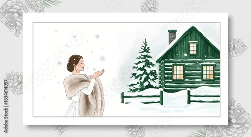 Winter Scene with Elegant Woman and Cozy Cabin Artwork for Festive Cards