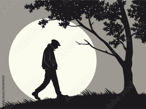Vector silhouette of a man walking under a tree with a full moon in the background