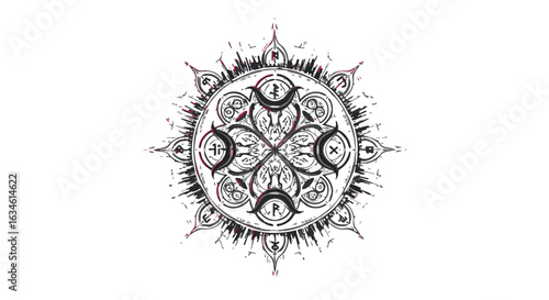 Vector Mandala Illustration with Symmetrical Circular Patterns and Tribal Elements in Black and Red Colors in Organic Style