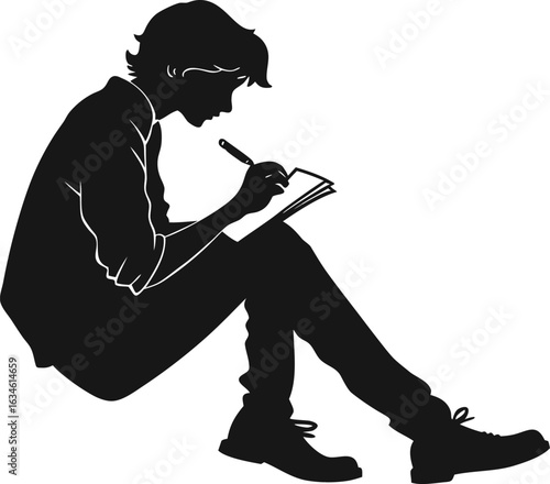 Black silhouette vector of a young person sitting and writing in a notebook. Clip art icon isolated on a transparent background,