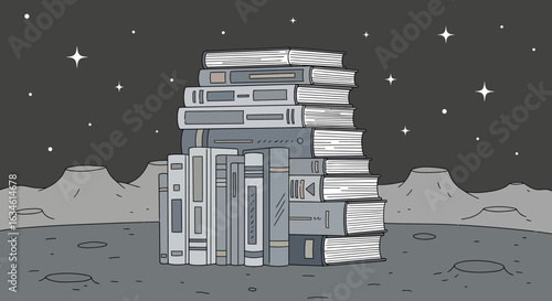 A whimsical stack of books on the moon surrounded by craters and twinkling stars