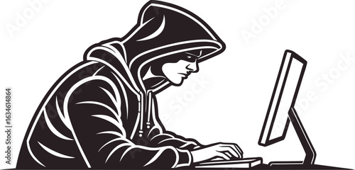 Black silhouette vector of a hooded hacker at a desktop computer, symbolizing cybercrime or coding. Clip art icon isolated on transparent background, perfect for tech, hacking, or security themes.